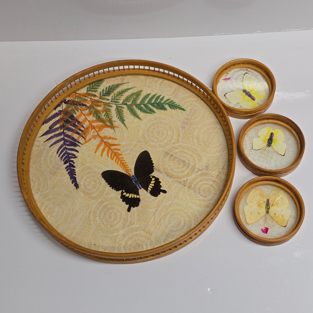 Vintage 70s Bamboo Butterfly Serving Tray 3 Coasters Preserved Specimens Boho